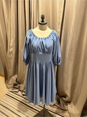 Pinup Couture Powder Blue Midi Dress with Puff Sleeves